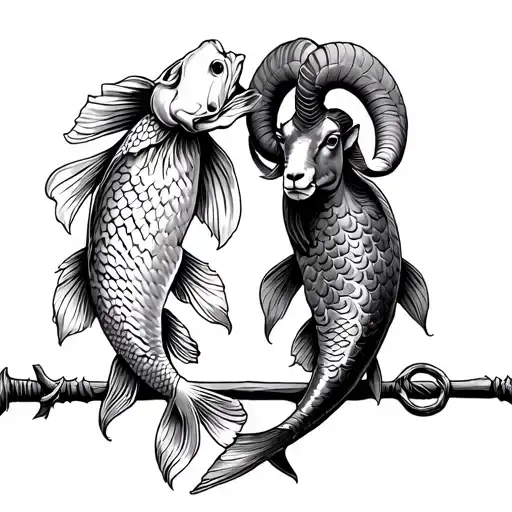 Koi Fish On Left Hook On A Shepherds Staff Intertwined With Ram On The Right