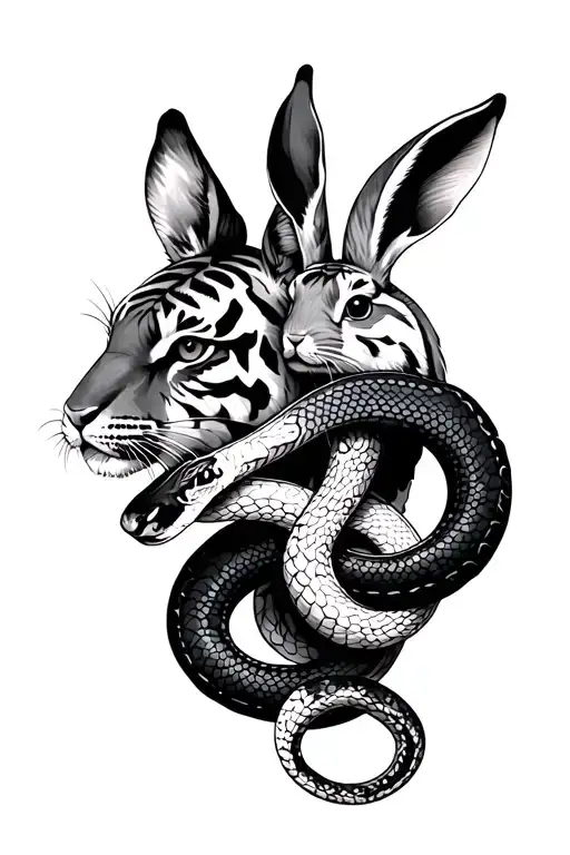 Tiger And Rabbit Holding Snake Intertwined