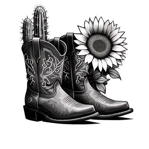 Cowboy Boots With Sunflowers Inside Next To A Cactus