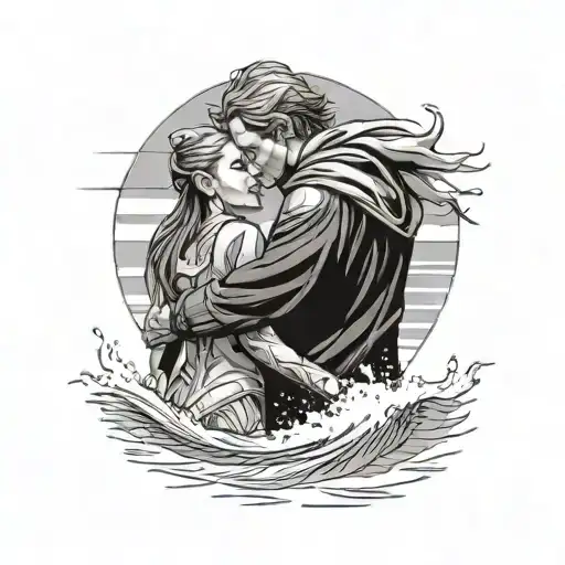 Ahsoka And Anakin Embracing On A Beach As The Waves Crash Around Them
