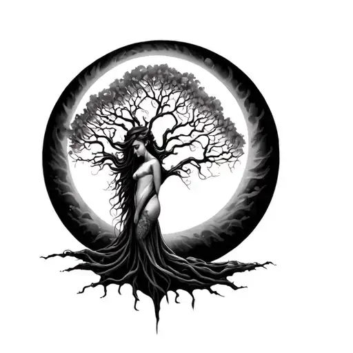 Woman Tha Turns Into A Tree With Moon Underneath