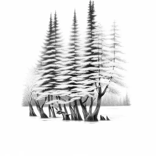 A Black-grey Tattoo Of A Serene Forest Scene With A Flowing River