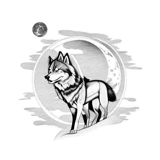 Samurai And Wolf Looking At The Moon