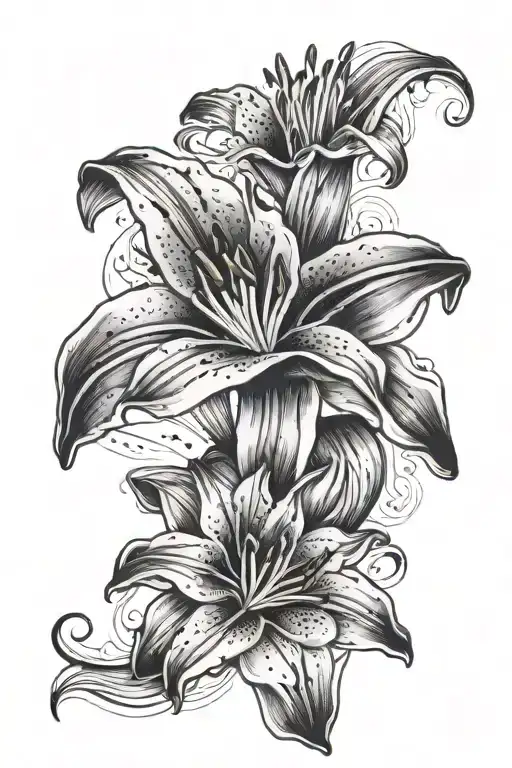 A Black-grey Lily Tattoo With A Sketch-style Background Of The Client's Hobbies