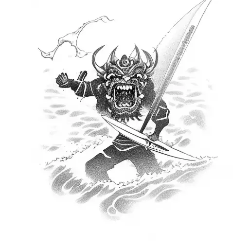 An Japanese Oni Mask Demon Surfing On A Wave In The Ocean