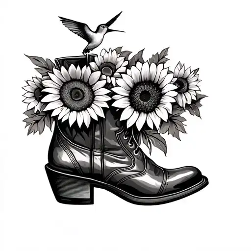 Sunflowers In Cowboy Boots With Hummingbird Over The Flowers