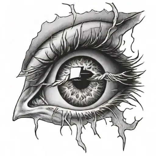 A Detailed Black And Grey Tattoo Of An Eye Reflecting A Lightning Strike