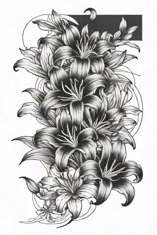 A Black-grey Three Lily Tattoo With A Sketch-style Background Of The Client's Hobbies