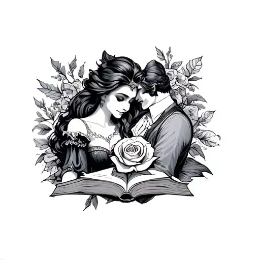 Beauty And The Beast With A Rose And Books Surrounded