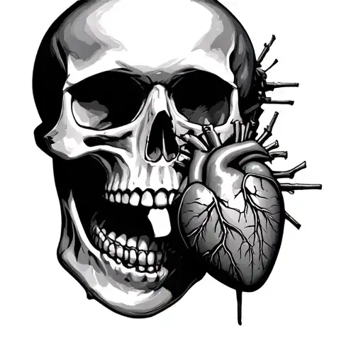 Skull And Anatomical Heart In Mouth