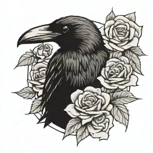 Crow Holding A Rose And A Skull