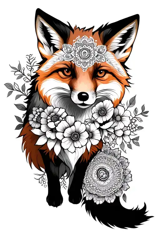 Full Body Fox With Flowers And Mandala Design Incorporating