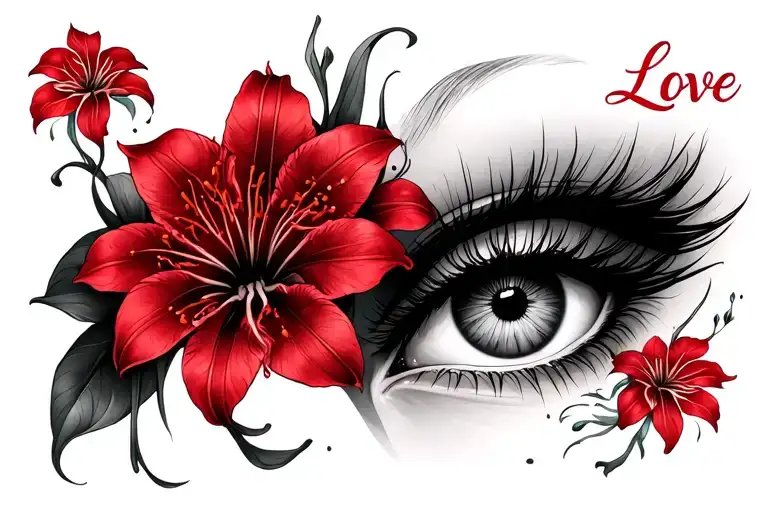 Beautiful Eyes With Red Spider Lily Flowers And The Word Love