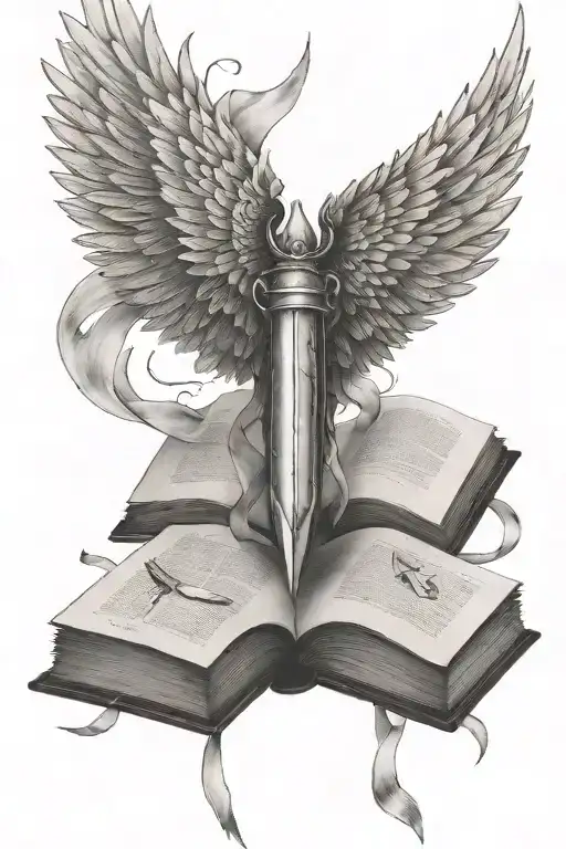 Wings With Blade In Between With Book Pages Flying Around It