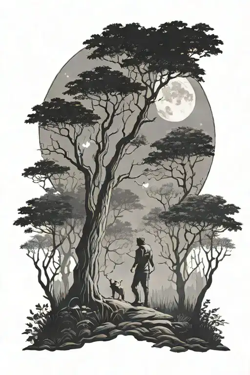 A Mystical Forest Scene With A Couple Gazing At The Moon