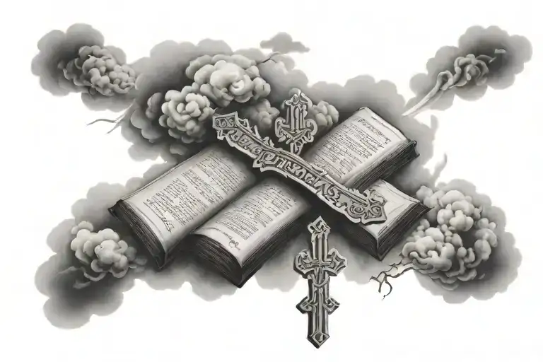 Three Crosses Surrounded By Clouds With A Bible Verse Written