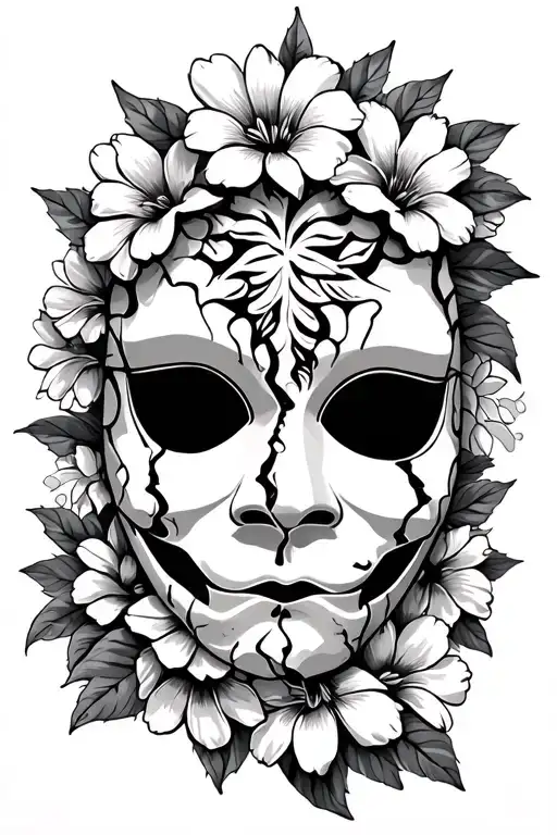 Broken Hawaiian Mask Surrounded With Flowers