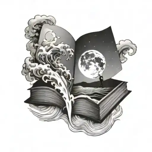 Standing Book With Moon At Night Sky With Waves Crashing And Someone Reading On Shore