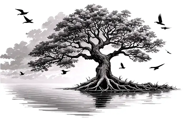 Tree With Roots By The Water Birds Flying Away