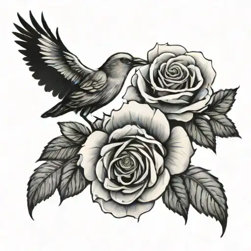 Roses Growing Up With A Bird In The Middle