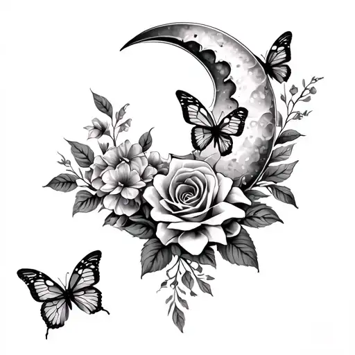 Hip Tattoo With Roses Crescent Moon Butterflies Hydrangeas And Lilys