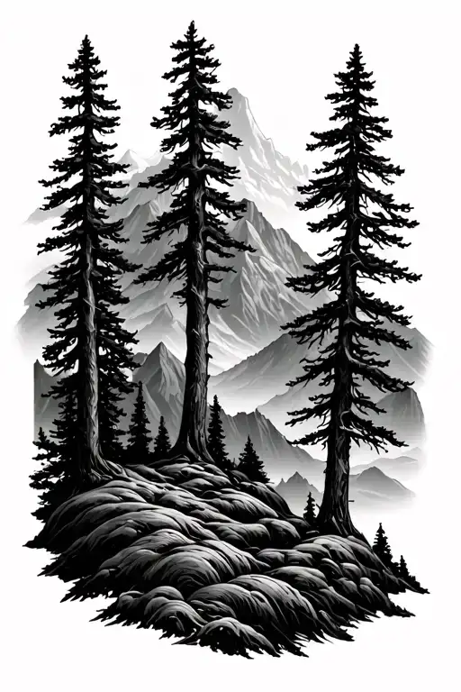 Several Trees And Mountain Range