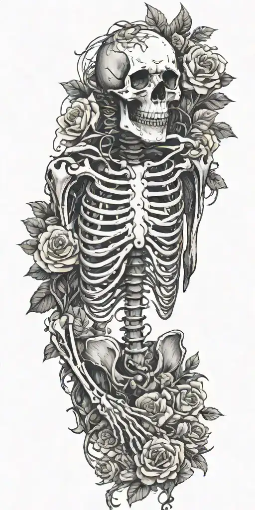 A Full Skeleton With Ribs Arms Legs Laying In A Rose Bed Wrapped In Vines And Flowers