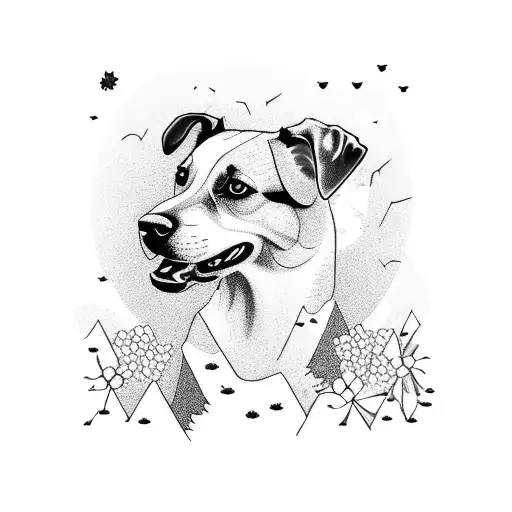 A Serene Landscape Of Mountains And A Dog Playing In A Field Of Wildflowers