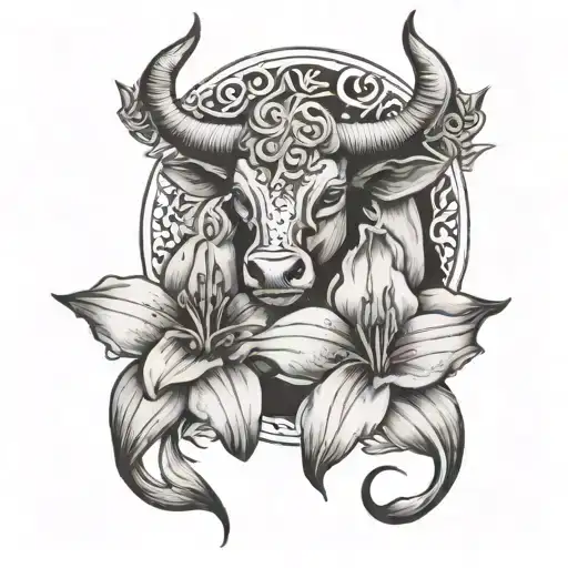 Taurus Zodiac Symbol Intertwined With Lilies