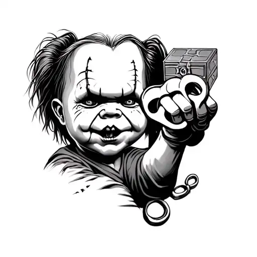 A Tattoo Of Chucky Holding Brass Knuckles With Pinhead's Puzzle Box In The Background