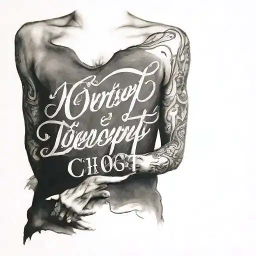 Non Descript Chest Tattoo Writing Cursive