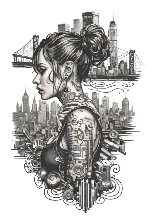 A Portrait Of My Girlfriend With A Backdrop Of A City Skyline And Music Notes