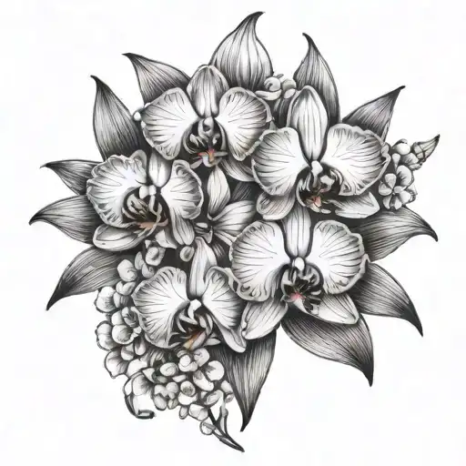 A Tattoo Design Of A Detailed Orchid And Cherry Blossom Bouquet To Symbolize Love And Marriage