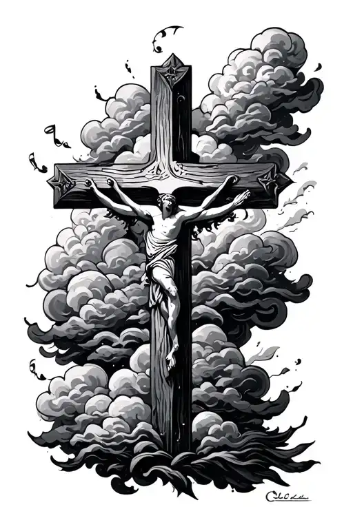 Cross With Clouds Surrounding It With A Bible Verse