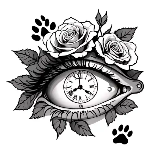 Eye Surrounded By Roses With Dog Paw Prints And A Pocket Watch