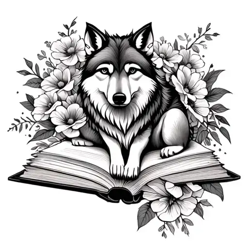 Feminine Tattoo Wolf Sitting On An Open Book With Flowers