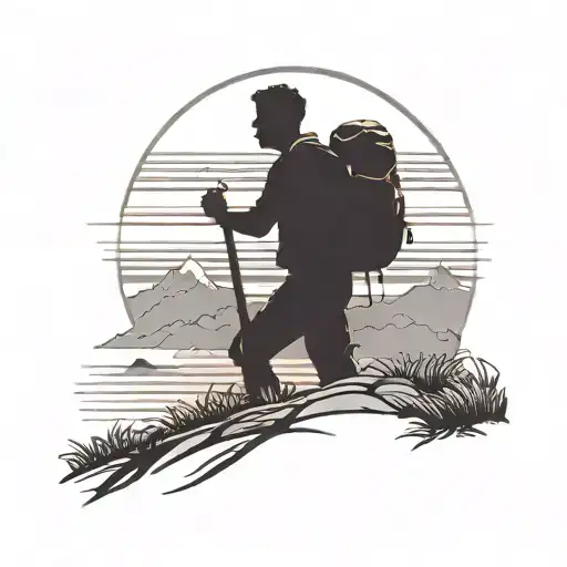 A Silhouette Of A Hiker On A Mountain Trail Next To Ocean With A Sunset Background