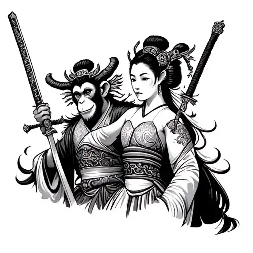 Monkey King With Geisha Holding A Katana