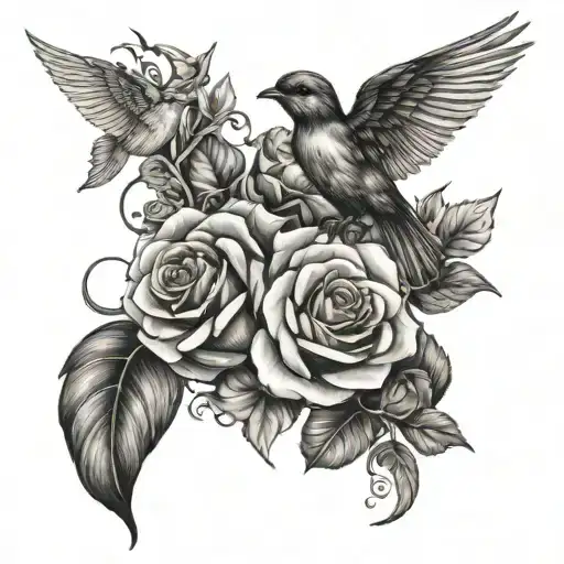 Roses Growing Up With A Fantail Bird In The Middle