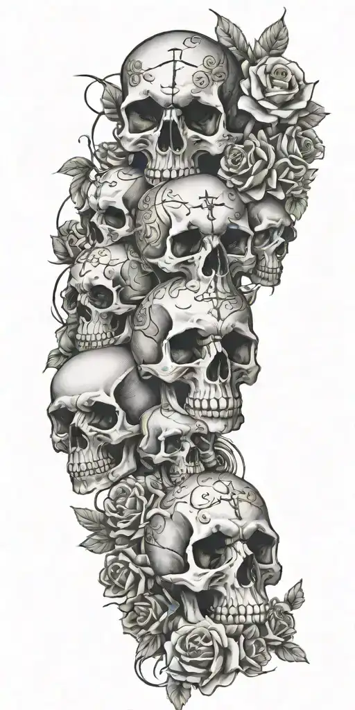 Design A Tattoo Showcasing A Collection Of Different Skulls Adorned With Various Crosses And Roses