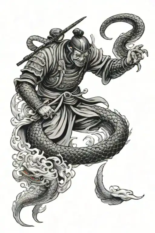 A Samurai Warrior Battling A Sea Serpent Underwater