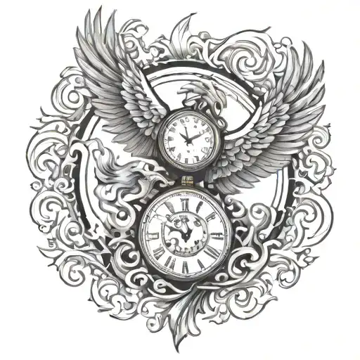 Clock And Phoenix Rising From Flames