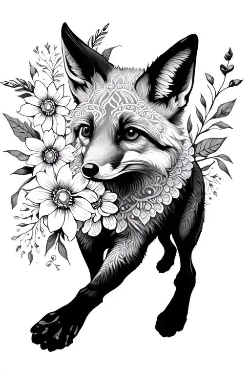 Running Fox With Flowers And Mandala Design Incorporating