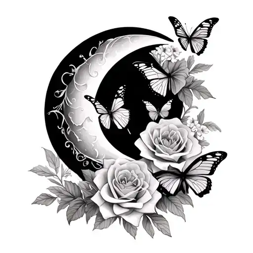 Hip Tattoo With Crescent Moon Butterflies Hydrangeas Roses And Lilys