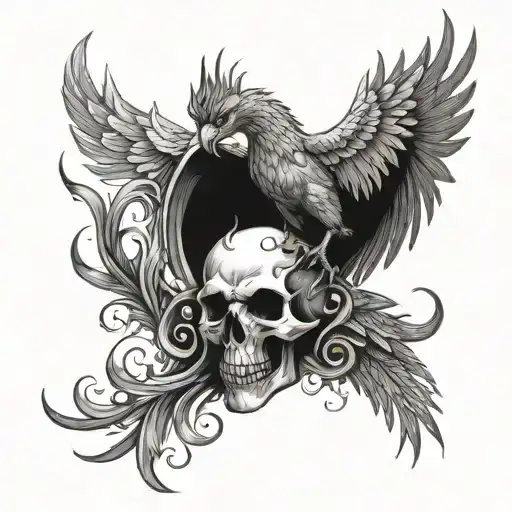 A Phoenix That Is In Combination With A Skull With Horns That Is Smiling