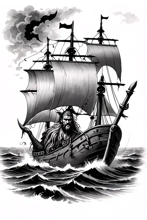Viking Male And Viking Ship Sailing Through Stormy