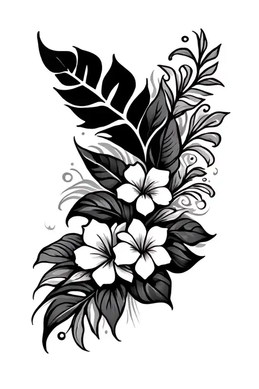 Hawaiian Styled Tattoo On The Hip With Flowy Lines And Pikake Flowers