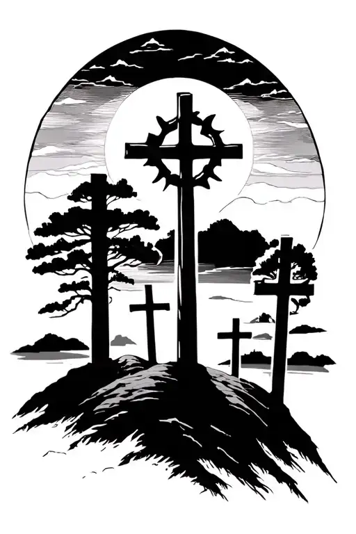 Sun Setting Behind The Three Crosses On The Hill