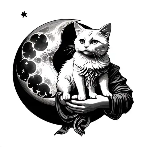 A God Sculpture Holding A Furry White Cat And A Moon As A Background