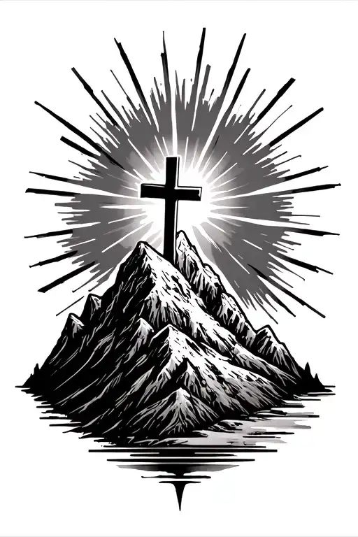 Mountain And Cross In Top Of The Moaning And Light Radiating From The Crosa